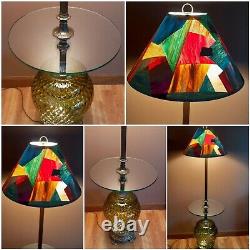 Vintage Multicolored Shade & Retro Green Glass Standing Table Floor Lamp