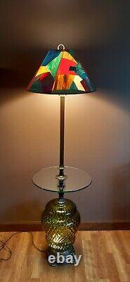 Vintage Multicolored Shade & Retro Green Glass Standing Table Floor Lamp