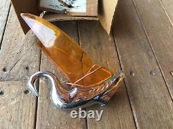 Vintage New In Box Hood Ornament Swan Lighted Amber