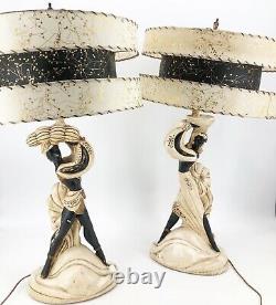 Vintage Nubian Blackamoor Continental Art Co. Chalkware Table Lamps Shades