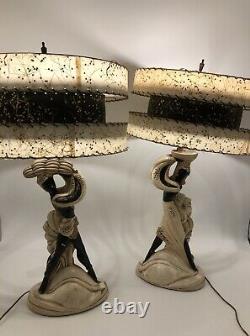 Vintage Nubian Blackamoor Continental Art Co. Chalkware Table Lamps Shades