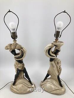 Vintage Nubian Blackamoor Continental Art Co. Chalkware Table Lamps Shades