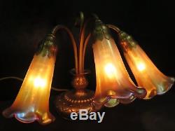 Vintage Original Tiffany Studios Three Light Lily Lamp with 3 signed Shades