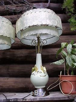 Vintage PAIR Ceramic Table Lamps 3 Tier Fiberglass Shades MID CENTURY RETRO L@@K