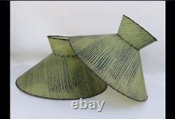 Vintage PAIR Fiberglass Atomic Lamp Shades 2 Tier Green Mid Century Modern 22 D