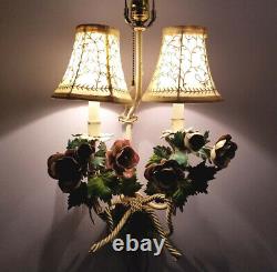 Vintage PAIR Italian TOLE SCONCES LAMPS Floral POPPIES w Shades Gorgeous