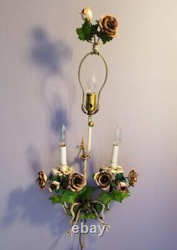 Vintage PAIR Italian TOLE SCONCES LAMPS Floral POPPIES w Shades Gorgeous