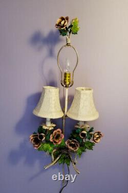 Vintage PAIR Italian TOLE SCONCES LAMPS Floral POPPIES w Shades Gorgeous