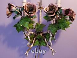 Vintage PAIR Italian TOLE SCONCES LAMPS Floral POPPIES w Shades Gorgeous