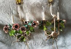 Vintage PAIR Italian TOLE SCONCES LAMPS Floral POPPIES w Shades Gorgeous