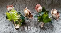 Vintage PAIR Italian TOLE SCONCES LAMPS Floral POPPIES w Shades Gorgeous