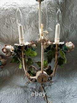 Vintage PAIR Italian TOLE SCONCES LAMPS Floral POPPIES w Shades Gorgeous