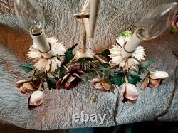 Vintage PAIR Italian TOLE SCONCES LAMPS Floral POPPIES w Shades Gorgeous