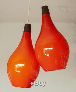 Vintage PAIR of 1960s/70s Orange Art Glass Pendant Ceiling Lights FREE UK P&P
