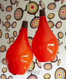 Vintage PAIR of 1960s/70s Orange Art Glass Pendant Ceiling Lights FREE UK P&P