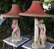 Vintage Pair Of Large Chalkware Dancer Lamps Original Pagoda Shades Wow