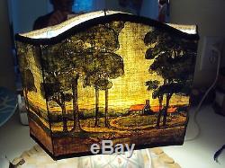 Vintage Pair Arts & Crafts Hand Painted Canvas Lamp Light Shades Bungalow Trees