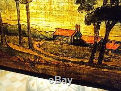 Vintage Pair Arts & Crafts Hand Painted Canvas Lamp Light Shades Bungalow Trees