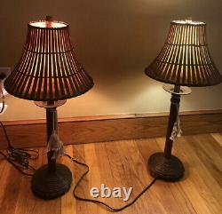 Vintage Pair Bamboo Lamps Tiki Slat Lined Shades With Tassel Hemingway ERA 30