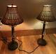 Vintage Pair Bamboo Lamps Tiki Slat Lined Shades With Tassel Hemingway Era 30