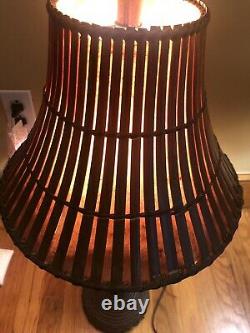 Vintage Pair Bamboo Lamps Tiki Slat Lined Shades With Tassel Hemingway ERA 30