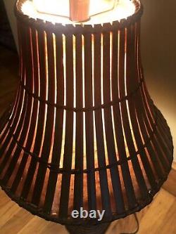 Vintage Pair Bamboo Lamps Tiki Slat Lined Shades With Tassel Hemingway ERA 30