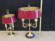 Vintage Pair Brass French Horn Table Lamp Withmetal Shades