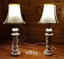 Vintage Pair Carved Alabaster Marble Neoclassic Table Lamps with 20th Cent. Shades