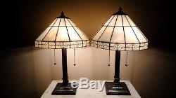 Vintage Pair Dale Tiffany Mission Stained Glass Shades on Pair Black Bases Lamps