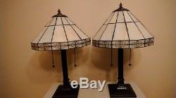 Vintage Pair Dale Tiffany Mission Stained Glass Shades on Pair Black Bases Lamps