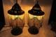 Vintage Pair Dresser Table Mantle Lamps Glass Beads Bronze Metal Shades Mcm Boho