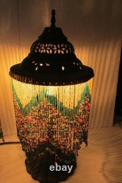 Vintage Pair Dresser Table Mantle Lamps Glass Beads Bronze Metal Shades MCM BOHO