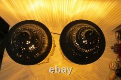Vintage Pair Dresser Table Mantle Lamps Glass Beads Bronze Metal Shades MCM BOHO