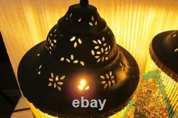 Vintage Pair Dresser Table Mantle Lamps Glass Beads Bronze Metal Shades MCM BOHO