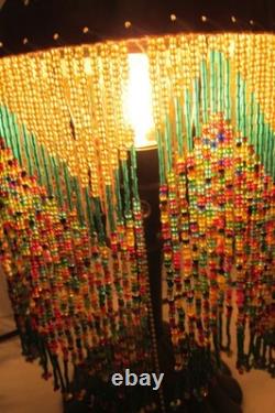 Vintage Pair Dresser Table Mantle Lamps Glass Beads Bronze Metal Shades MCM BOHO
