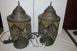Vintage Pair Dresser Table Mantle Lamps Glass Beads Bronze Metal Shades MCM BOHO