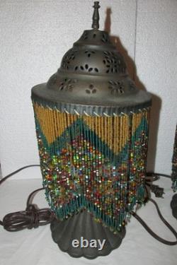 Vintage Pair Dresser Table Mantle Lamps Glass Beads Bronze Metal Shades MCM BOHO