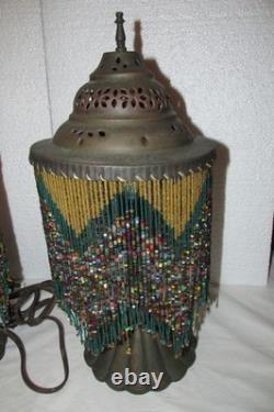 Vintage Pair Dresser Table Mantle Lamps Glass Beads Bronze Metal Shades MCM BOHO