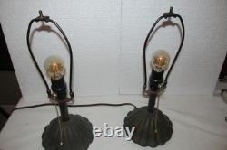 Vintage Pair Dresser Table Mantle Lamps Glass Beads Bronze Metal Shades MCM BOHO