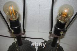 Vintage Pair Dresser Table Mantle Lamps Glass Beads Bronze Metal Shades MCM BOHO