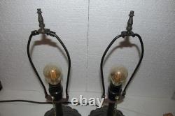 Vintage Pair Dresser Table Mantle Lamps Glass Beads Bronze Metal Shades MCM BOHO
