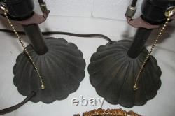 Vintage Pair Dresser Table Mantle Lamps Glass Beads Bronze Metal Shades MCM BOHO