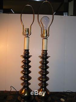 Vintage Pair Ethan Allen Candlestick Table Lamps Solid Brass Great Shades