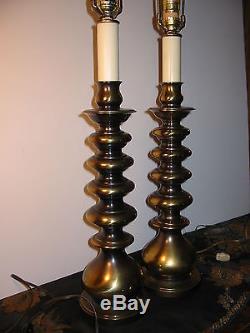 Vintage Pair Ethan Allen Candlestick Table Lamps Solid Brass Great Shades