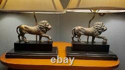 Vintage Pair Figural Bronze Metal Lion Lamp Shade Pedestal Table Lamps Lions