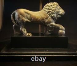 Vintage Pair Figural Bronze Metal Lion Lamp Shade Pedestal Table Lamps Lions