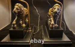 Vintage Pair Figural Bronze Metal Lion Lamp Shade Pedestal Table Lamps Lions