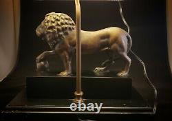 Vintage Pair Figural Bronze Metal Lion Lamp Shade Pedestal Table Lamps Lions