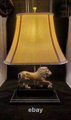Vintage Pair Figural Bronze Metal Lion Lamp Shade Pedestal Table Lamps Lions