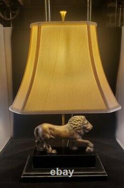 Vintage Pair Figural Bronze Metal Lion Lamp Shade Pedestal Table Lamps Lions